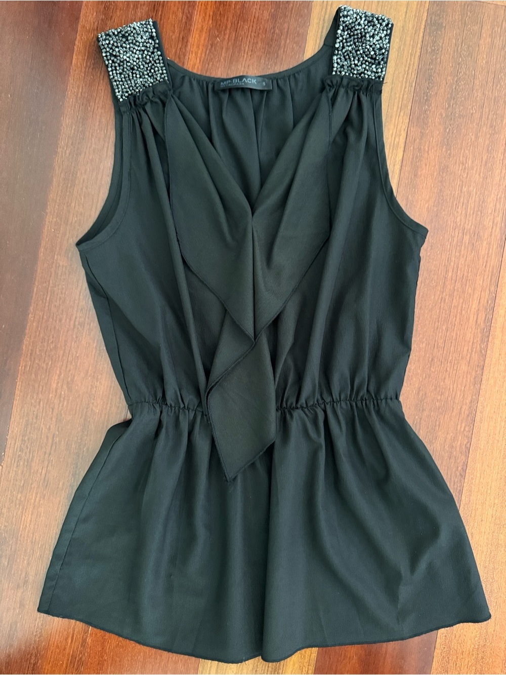 Black Beaded Shoulder Strap Sleeveless Top, Small